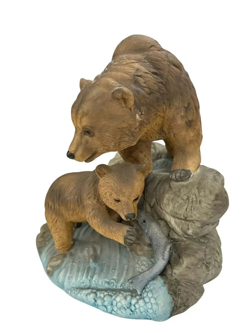 Vintage Arnart 1984 Mother Grizzly Bear and Cub Fishing Porcelain Figurine